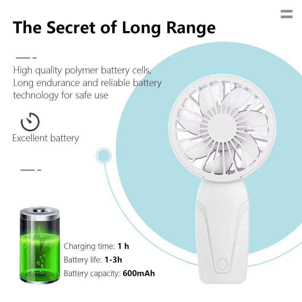 Portable Hand Fan – Rechargeable Mini Cooling Fan with 3 Speed Settings, USB Charging, Lightweight Personal Cooling Fan for Travel, Office, Home & Outdoor Use